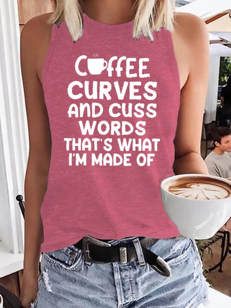 

Womens Coffee Curves & Cuss Words Letter Crew Neck Knit, Pink, Tank Tops