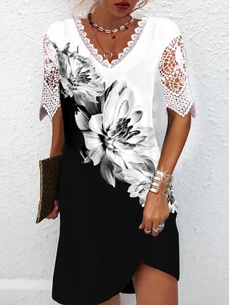

Guipure Floral Printed Casual Short Sleeve Knit Dress, Black-white, Mini Dresses