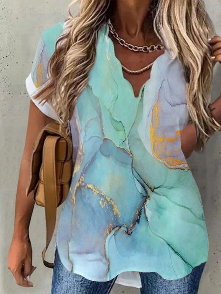 

Abstract Printed Casual V Neck Short Sleeve Loosen Tops, Green, Tops