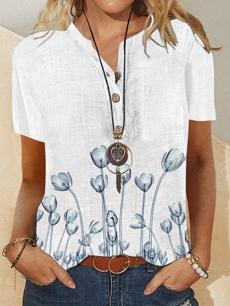

Casual Floral Printed Round Neck Short Sleeve Tops, White, Tops
