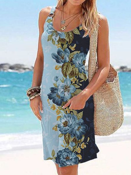

Casual Floral Printed Sleeveless Knitting Dresses, Blue, Mini Dresses