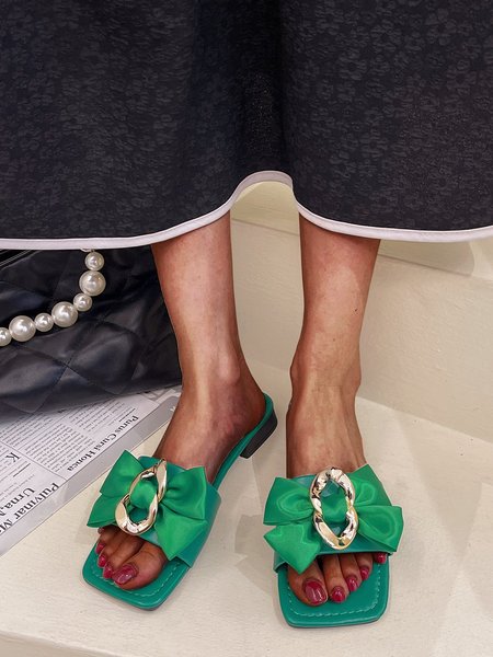 

JFN Bow Metal Buckle Square Toe Slippers, Green, Women Shoes>>Women's Shoes>>Women sandals Slippers