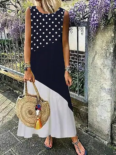 

Polka Dots Loosen Sleeveless Woven Dresses, Black-white, Maxi Dresses