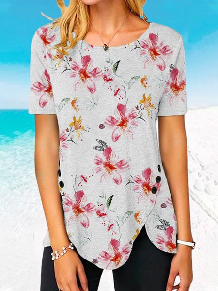 

Crew Neck Floral Casual Short Sleeve Tops, Multicolor, Tunics