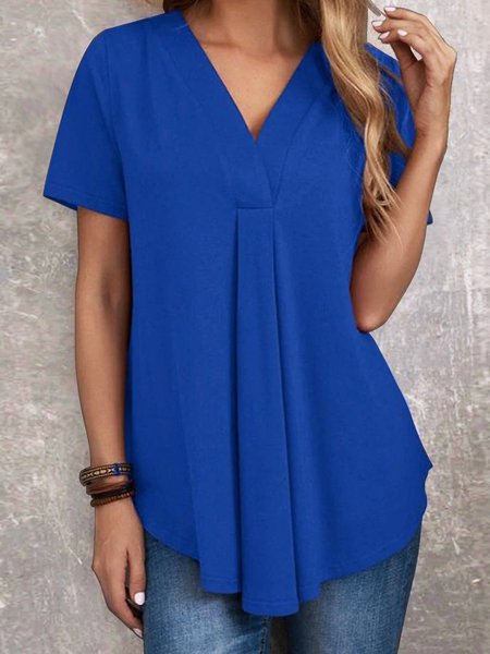 

Casual Solid Loosen Short Sleeve T-Shirt, Blue, T-Shirts