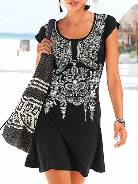 

Vintage Ethnic Print Short Sleeve Dress, Black, Dresses
