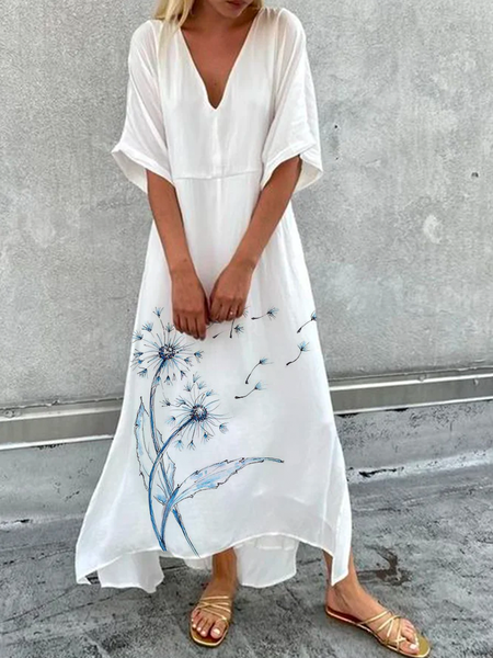 

Plus size Dandelion Printed Short Sleeve Casual Dress, White, Maxi Dresses