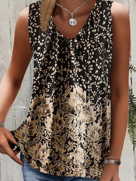 

Casual Floral Sleeveless V Neck Woven, Black-gold, Tank Top