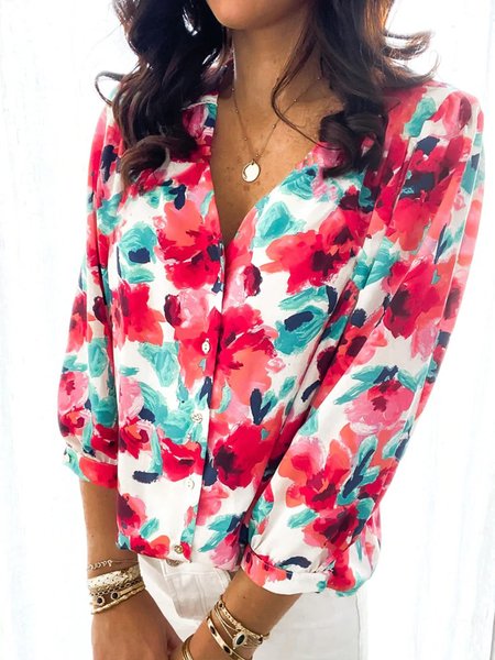 

V Neck Floral Casual Three Quarter Loosen Blouse, Flower, Blouses & Shirts