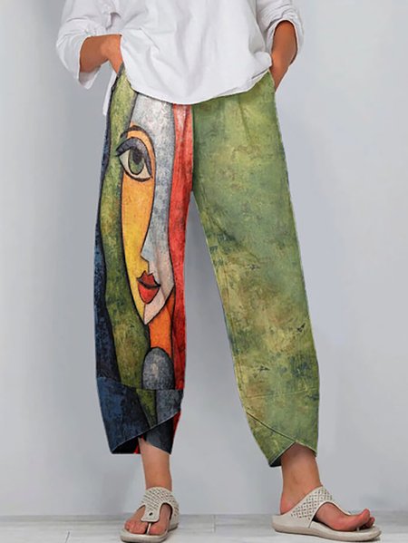 

Art Print Stitching Casual Regular Fit Ninth Pants, Multicolor, Pants
