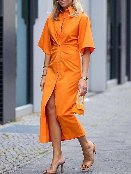 

Summer Shirt Collar Elegant Short Sleeve Woven Daily Dress, Orange, Midi Dresses