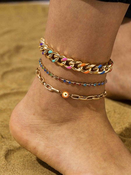 

JFN 3Pcs Beach Resort Style Eye Diamond Color Multilayer Anklet Set, Golden, Anklets