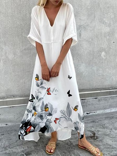 

Floral Casual Short Sleeve Woven Dress, White, Maxi Dresses