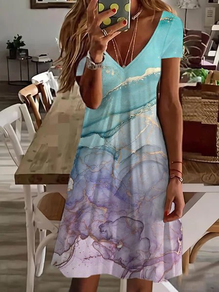 Casual Printed V neck Short Sleeve Knit Dress, As picture, Mini Dresses