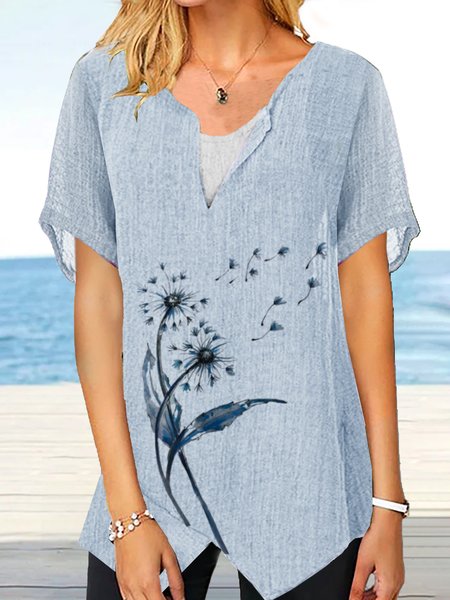 

Casual Loosen Dandelion Short Sleeve Tops, Blue, Tops