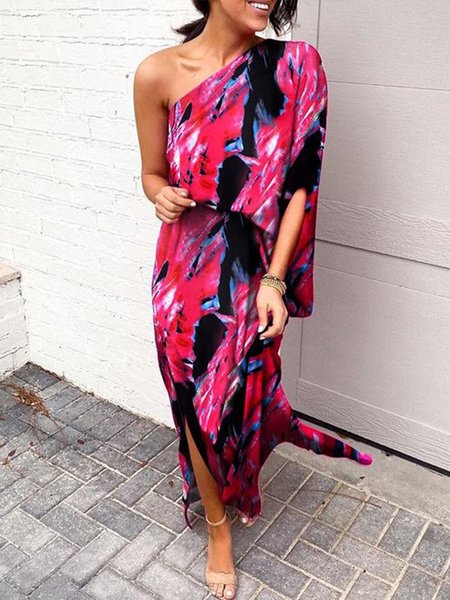 

Vacation Printed Short Sleeve Asymmetrical Neck Dress, Red, Maxi Dresses