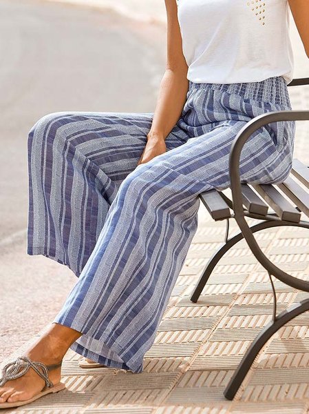 

Loosen Striped Casual Pants, Blue, Pants