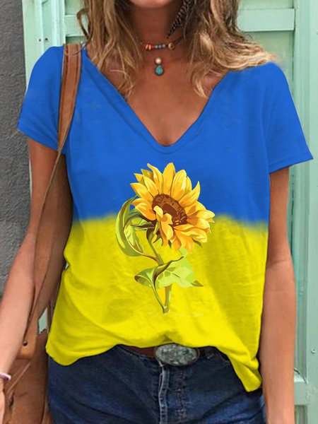 

Regular Fit Sunflower V Neck Short Sleeve T-Shirt, Yellow, T-Shirts