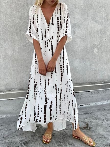 Casual V Neck Striped Half sleeve Woven Dress, White, Maxi Dresses