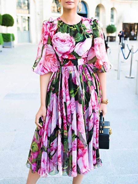 

Crew Neck Elegant Short Sleeve Woven Dress, Green, Maxi Dresses