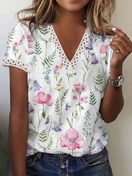 

Floral V-Neck Lace Short Sleeve Top, White, Tees & T-shirts