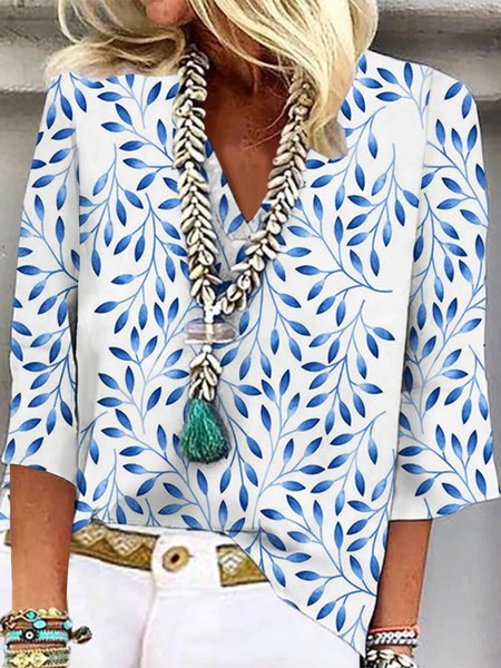 

Leaves Loosen Casual Short Sleeve Tops, White-blue, Tops