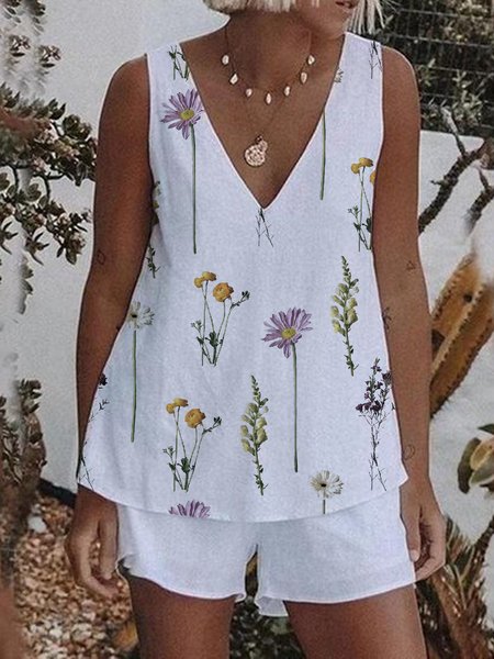 

Floral cotton and linen style casual two-piece set, Multicolor, Suit Set