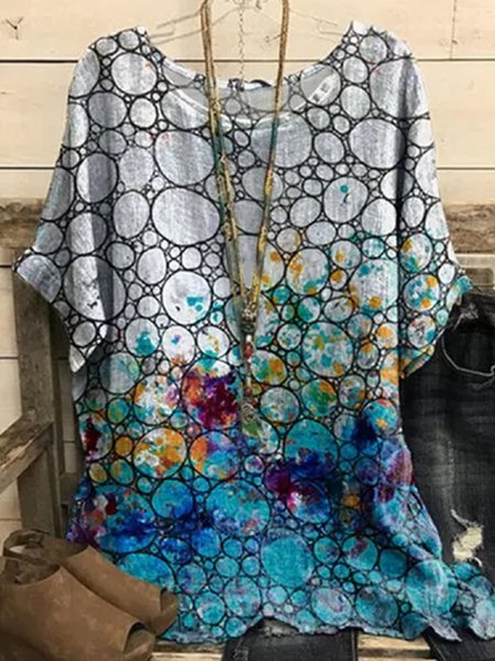 

Loosen Geometric Short Sleeve Tops, Blue, Tops