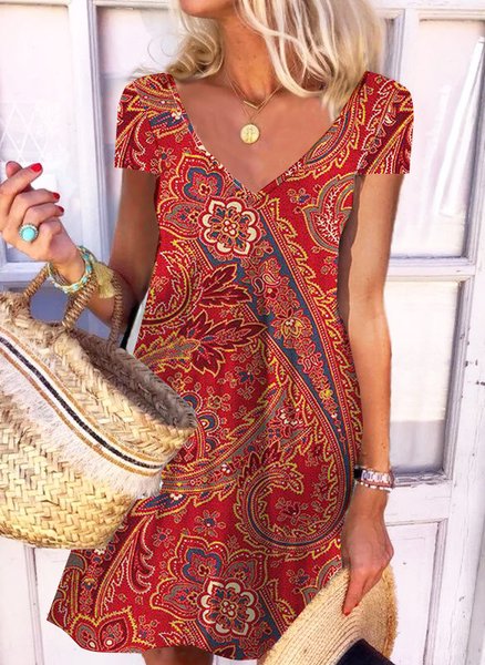 

Casual V Neck Paisley Short Sleeve Knit Dress, Multicolor, Dresses