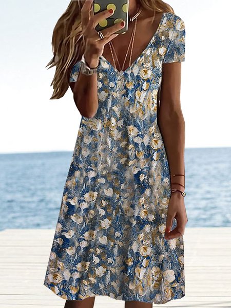 

Floral Casual Short Sleeve Knit Dress, Flower, Mini Dresses