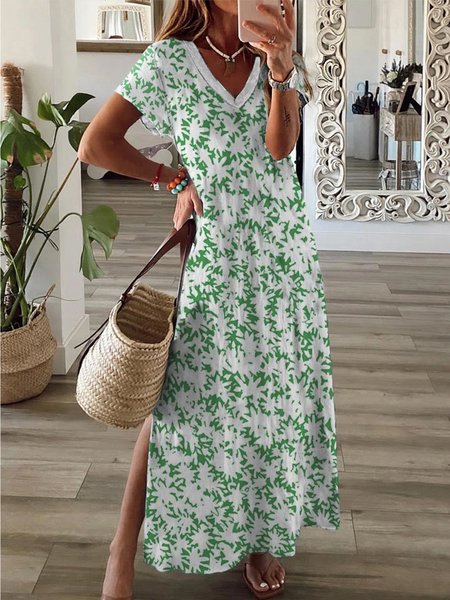 

V Neck Boho Jersey Short Sleeve Knit Dress, Multicolor, Maxi Dresses