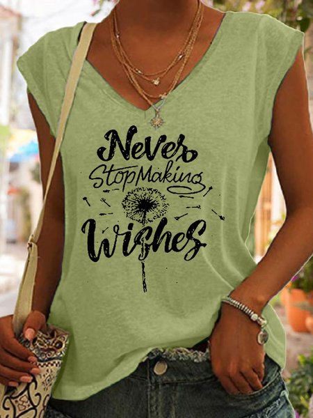 Womens Never Stop Making Wishes dandelion Casual V Neck, Green, Tank Tops