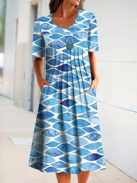 

Round Neck Casual Painted Short Sleeve Dress, Blue, Midi Dresses