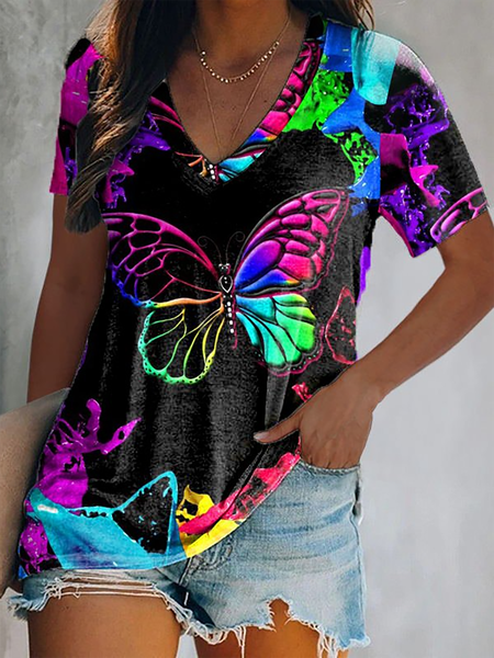 

Printed Casual Short Sleeve V neck Loose T-Shirt, Multicolor, T-Shirts