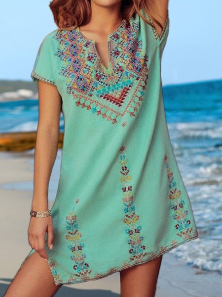 

V Neck Tribal Casual Vacation Short Sleeve Woven Dress, Green, Mini Dresses
