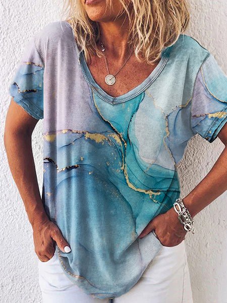 

Abstract Printed Casual V Neck Beach Daily Short Sleeve Loosen T-Shirt, Blue, T-Shirts