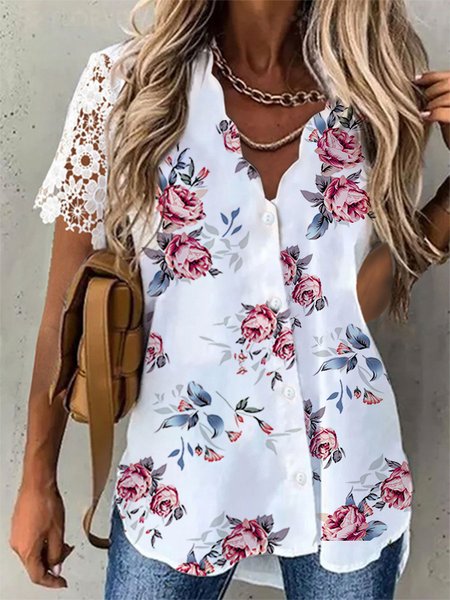 Lace Casual Floral V Neck Short Sleeve Blouse, White, Blouses & Shirts