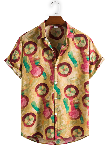 

Cotton and Linen Style Abstract Geometric Print Lapel Cozy Linen Shirt, Yellow, Blouses&Shirts