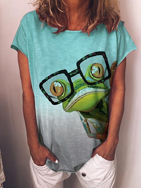 

Fun Frog Design Crew Neck Casual T-Shirt, Green, T-Shirts