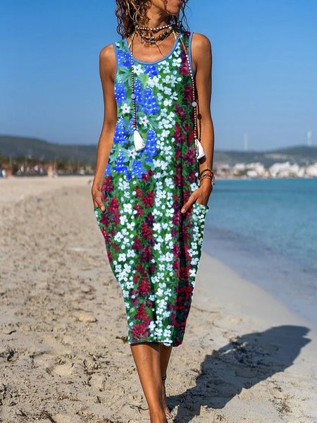 

Floral Printed Casual Round Neck Sleeveless Midi Dress, Multicolor, Dresses