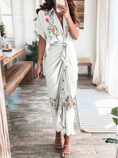 

Elegant Printed Short Sleeve Shirt Collar Dress, White, Maxi Dresses