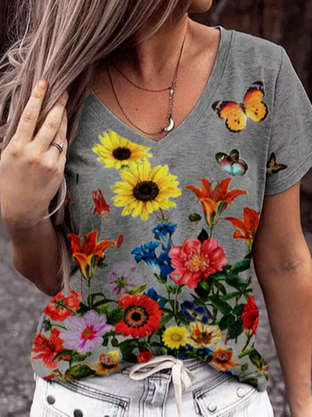 

V Neck Cotton Floral Short Sleeve Tops, Gray, Shirts & Blouses