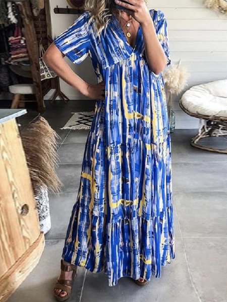 

Striped Short Sleeve V Neck Plus Size Casual Woven Dress, Blue, Dresses