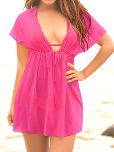 

JFN Sexy Deep V-Neck Perspective Beach Sunscreen Bikini Overskirt Swimwear Overskirt Plus Size, Rose red, swimwear>>Cover Ups
