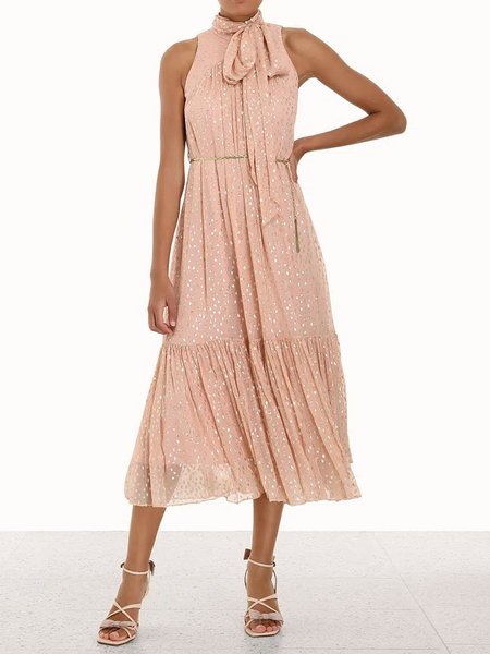 

Vacation Tie Neck Sleeveless Woven Dress With Belt, Pink, Midi Dresses