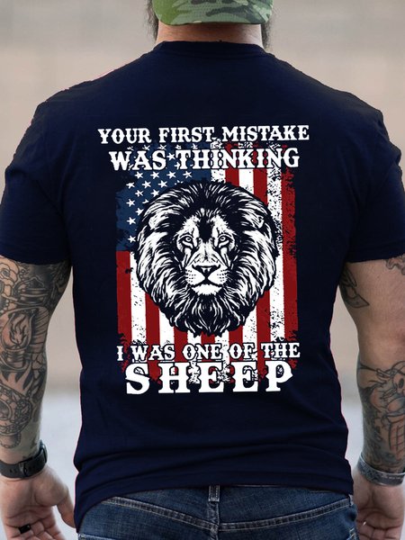 

Lion Us Flag Your First Mistake Was Thinking I Was One Of The Sheep Short Sleeve Cotton Crew Neck Short Sleeve T-Shirt, Dark blue, T-shirts