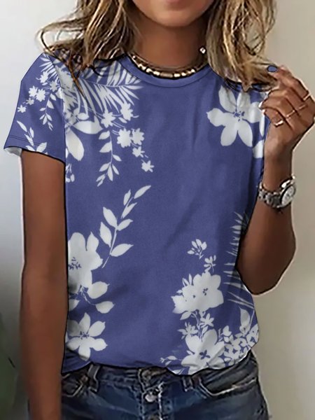 

Vintage Casual Floral Print Crew Neck T-Shirt, As picture, T-shirts