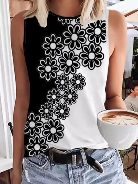 

Casual Floral Color Block Loosen, Black-white, Tank Top