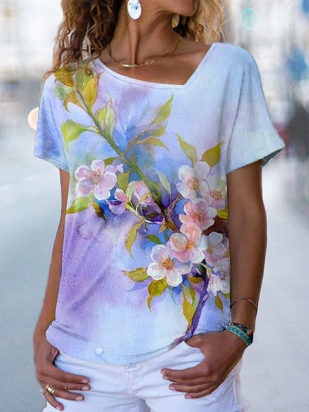 

Casual Floral Loosen V Neck Short Sleeve T-Shirt, Blue, T-Shirts
