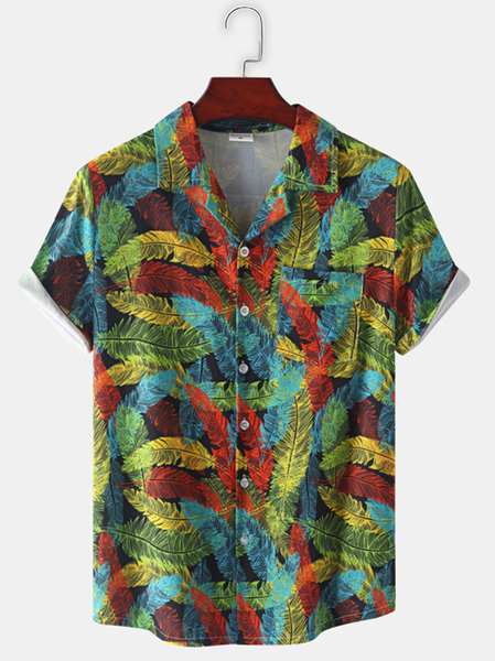 

Cotton And linen Style Botanical Feather Print lapel Comfort linen Shirt, Multicolor, Blouses&Shirts
